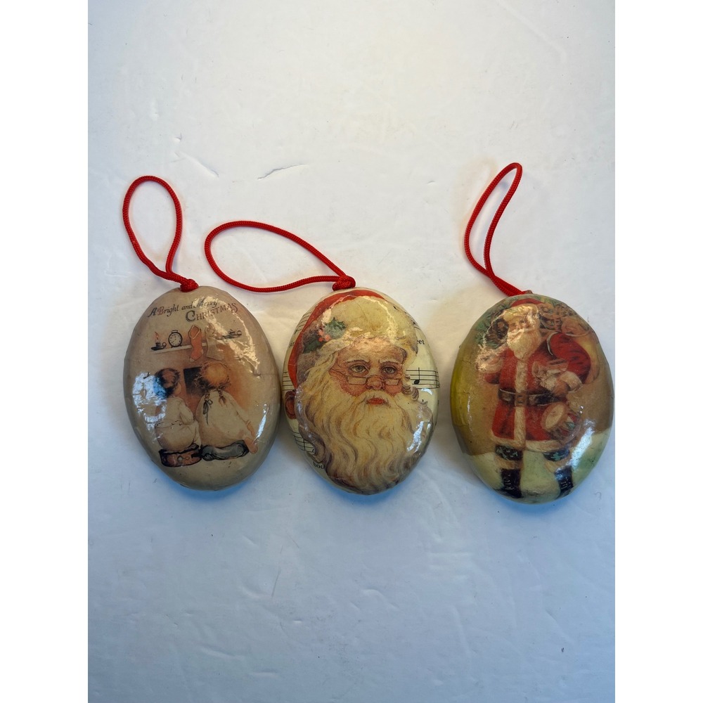 Vintage Paper Mache Santa Claus‎ Christmas Ornaments Set of 3 Victorian Oval